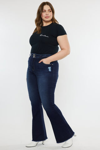 Plus High Rise Double WB Fray Hem Flare Jeans