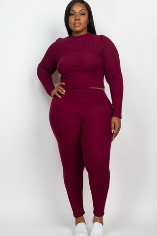 Plus Ribbed Mock Neck Long Sleeve Top&Leggings Set