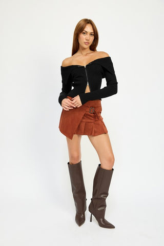 ZIP FRONT BARDOT SHOULDER TOP