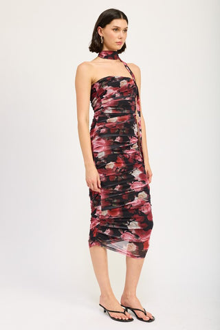 SHIRRED FLORAL MIDI DRESS WITH SCARF