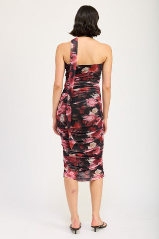 SHIRRED FLORAL MIDI DRESS WITH SCARF