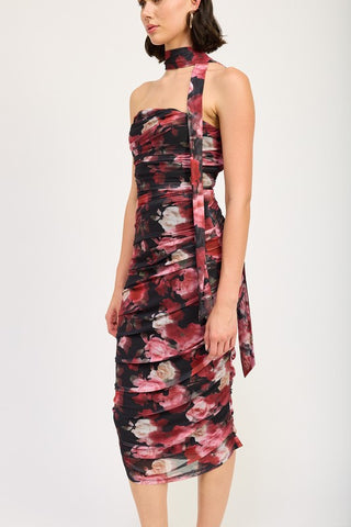 SHIRRED FLORAL MIDI DRESS WITH SCARF