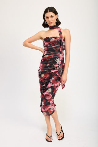 SHIRRED FLORAL MIDI DRESS WITH SCARF