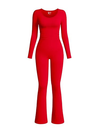 OQQ Women Flare Pants Jumpsuits One Piece Long Sleeve Scoop Neck Waist Ruched Wide Leg Jumpsuits