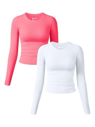 OQQ Womens 2 Piece Shirts Long Sleeve Crew Neck Ruched Stretch Basic Fitted Tee Shirts Tops