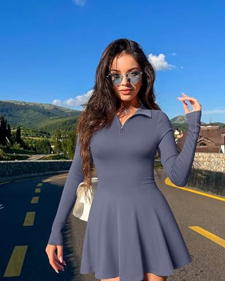 OQQ Womens Dress Casual Long Sleeve Elastic Simple A-Line Zipper Mini Dress