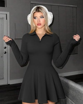 OQQ Womens Dress Casual Long Sleeve Elastic Simple A-Line Zipper Mini Dress