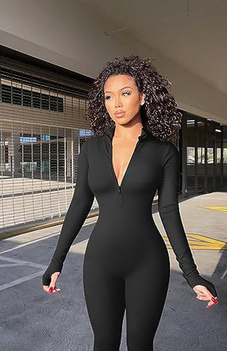 OQQ Women Yoga Jumpsuits Workout Ribbed Long Sleeve Zip Front Sport Jumpsuits