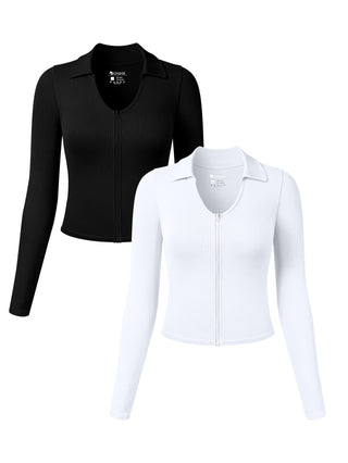 2 Piece Long Sleeve Shirts Zipper Fashion Sexy Basic Tops Fitted Tee Shirts