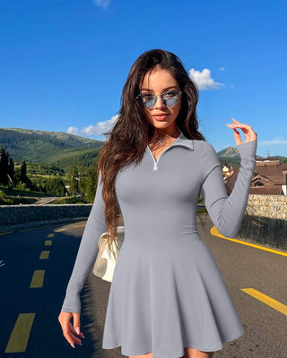 OQQ Womens Dress Casual Long Sleeve Elastic Simple A-Line Zipper Mini Dress