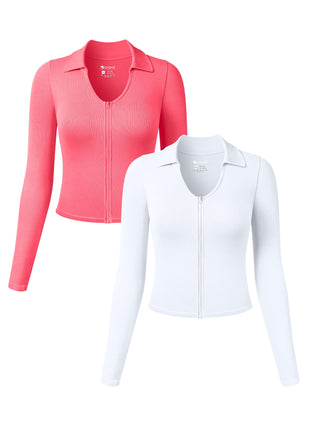 2 Piece Long Sleeve Shirts Zipper Fashion Sexy Basic Tops Fitted Tee Shirts