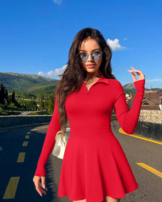 OQQ Womens Dress Casual Long Sleeve Elastic Simple A-Line Zipper Mini Dress