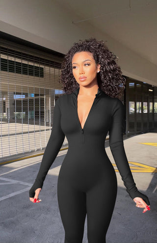 OQQ Women Yoga Jumpsuits Workout Ribbed Long Sleeve Zip Front Sport Jumpsuits