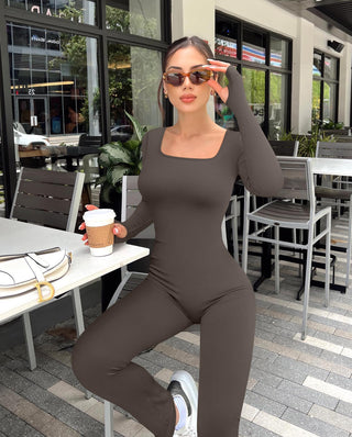 OQQ Women Yoga Jumpsuits Ribbed Square Neck Long Sleeve Bell Bottoms Flare Jumpsuits