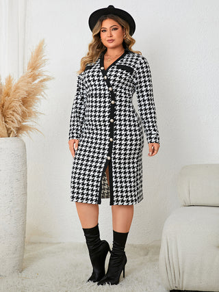 Honey Plus Size Houndstooth Long Sleeve Slit Dress