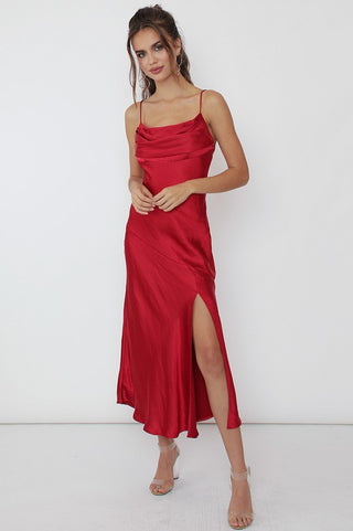 Satin Side Slit Midi Dress